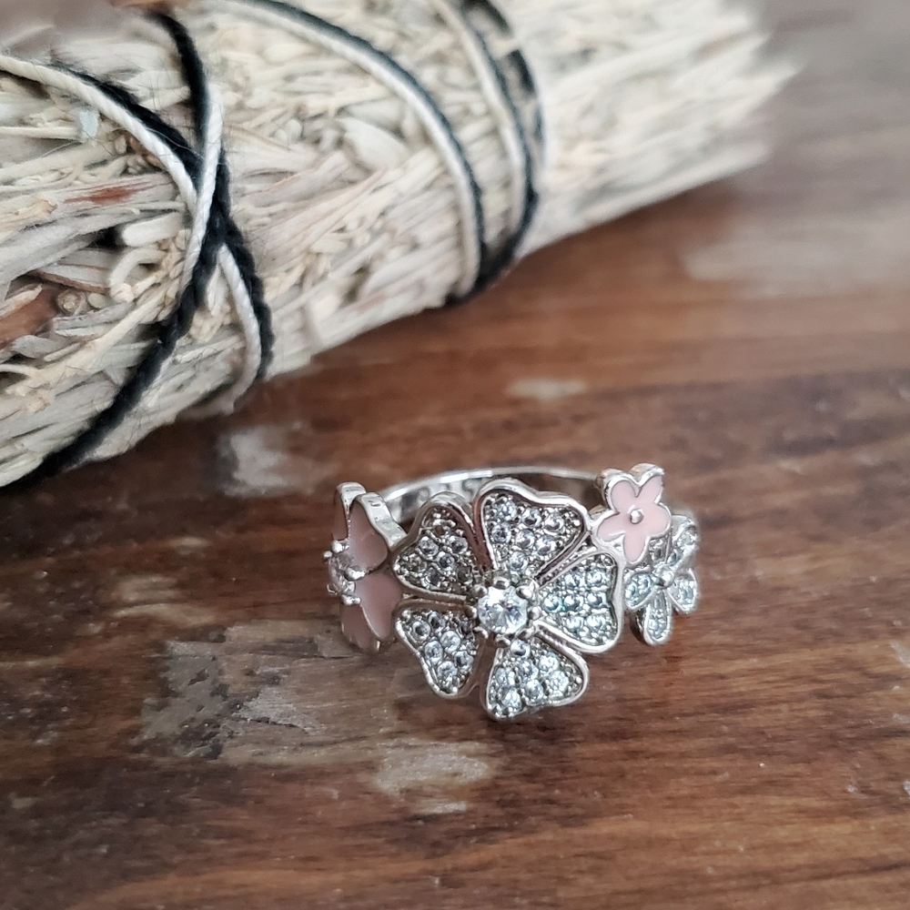 sterling silver 925 pink flower boho hippie stone ring